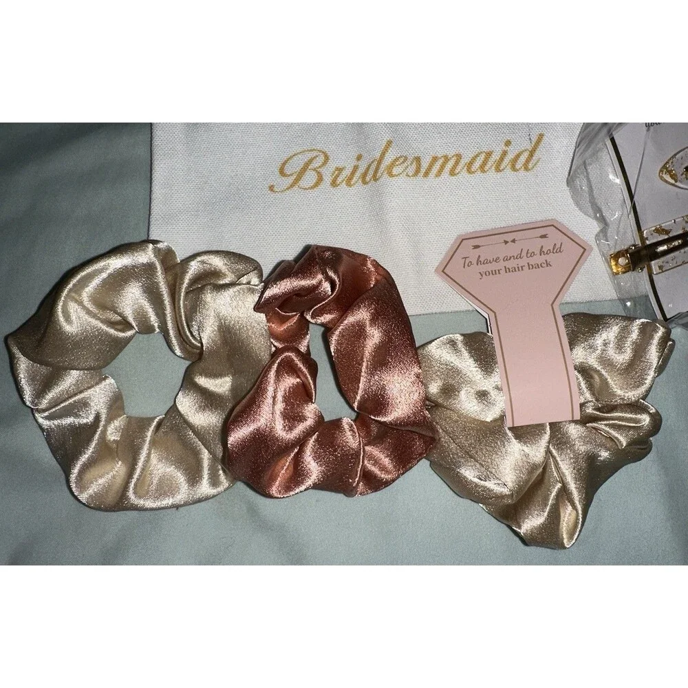 Bridesmaid Gift Set – Satin Scrunchies, Hair Clips, & Cosmetic Bag | Wedding